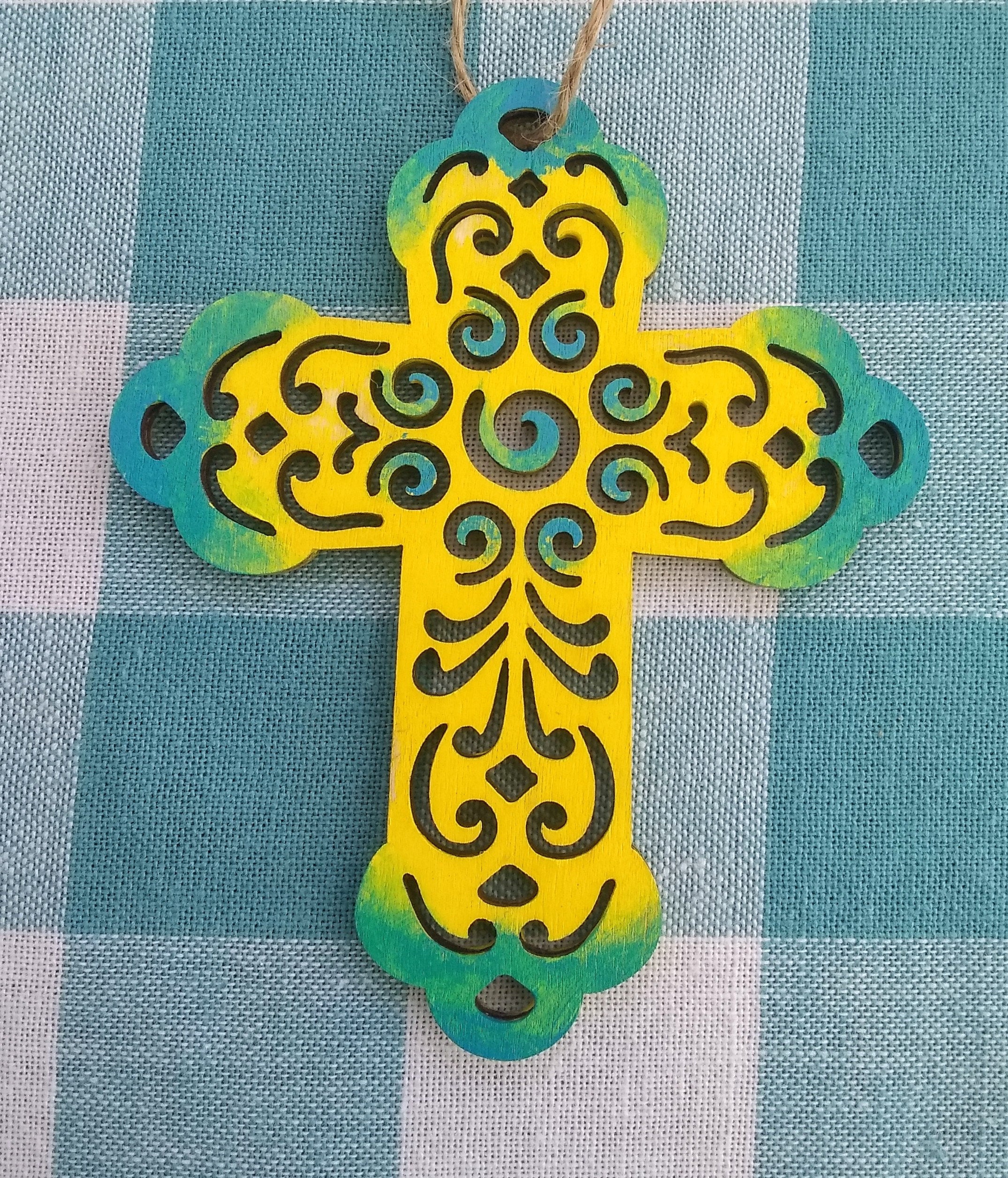 Curvy Wooden Cross - Yellow and Turquoise
