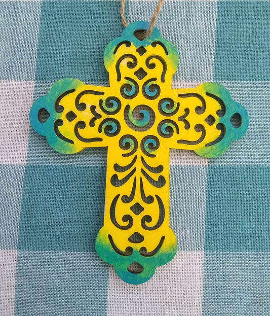 Curvy Wooden Cross - Yellow and Turquoise